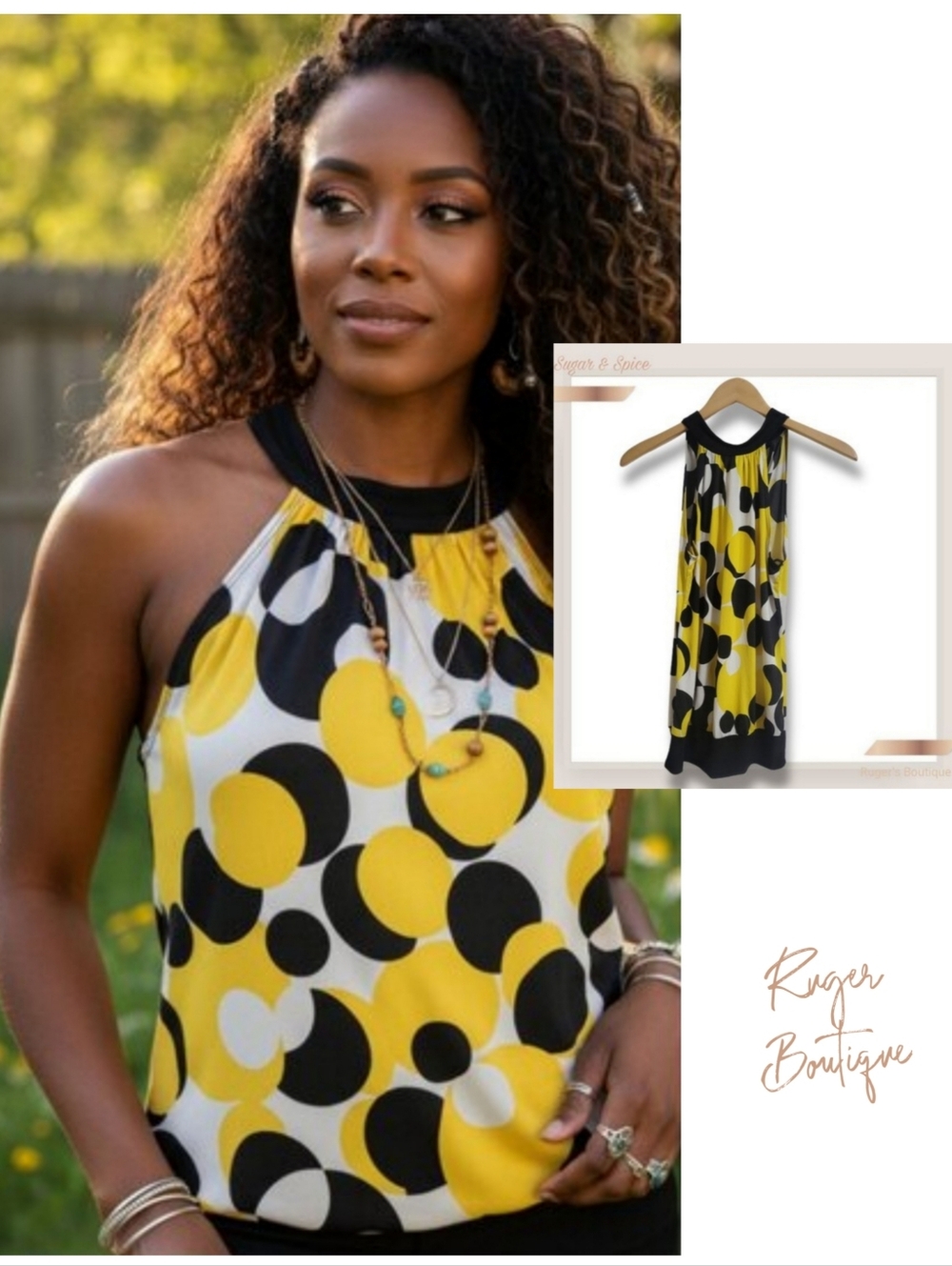 🌿Sugar Spice Woman's Halter Black & Yellow Blouse Size Large